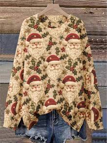 EMERY ROSE Women's Christmas Knitted Sweater With 3D Santa Print - Plus Size Holiday Santa Top For Everyday Wear