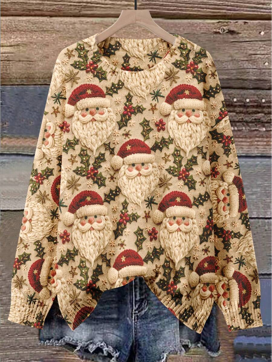 EMERY ROSE Women's Christmas Knitted Sweater With 3D Santa Print - Plus Size Holiday Santa Top For Everyday Wear