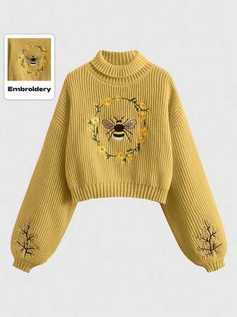 Fairycore Pull décontracté à manches longues avec épaules tombantes, brodé de fleurs et d'abeilles, pour femmes. Automne/Hiver