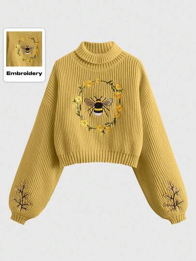 Fairycore Pull décontracté à manches longues avec épaules tombantes, brodé de fleurs et d'abeilles, pour femmes. Automne/Hiver