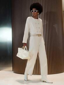 Lumivelle 新款女士通勤装，长袖上衣和直筒裤 - 杏色 - 查看 4