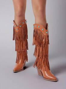 Solezae Ladies Studded Fringe Western Heeled Knee-High Boots - Brown - View 7