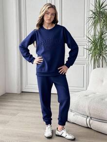 Sparklyn 2pcs/Set Teen Girl Letter Embossed Crew Neck Long Sleeve Sweatshirt And Sweatpants, Casual - Navy Blue - View 3