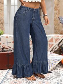EMERY ROSE Plus Size Women's Casual Traditional Loose Denim Jeans With Pockets And Ruffle Hem Vacation Navy Blue Summer - Dark Wash - View 6