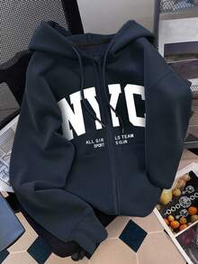 Resyla Women's Casual Sports Style, Graphic Design, Letter Print, Daily Wear, Outerwear, Back To School, Autumn/Winter, Fall Jacket, Party Outfit, Office Wear, Home, Plus Size Zip-Up Jacket