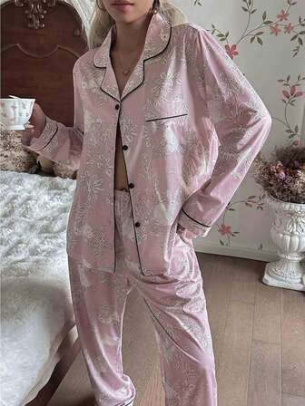 CottageSlumber Çiçek ve Tavşan Desenli Uzun Kollu Üst ve Pantolon Pijama Takımı, Yaka, Sonbahar Kış Giysileri