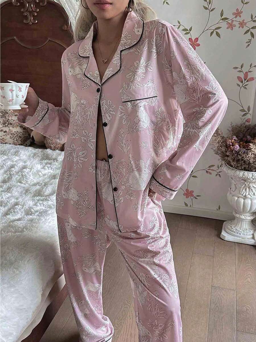 CottageSlumber Floral & Rabbit Print Long Sleeve Top & Pants Pajama Set With Collar, Fall Winter Clothes - Pink - View 1