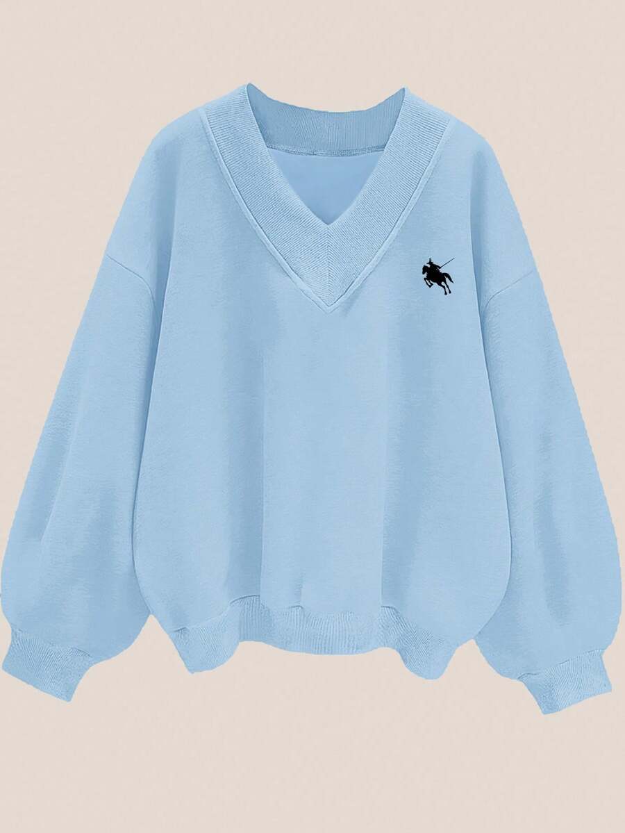 SHEIN EZwear 女士休闲花卉印花超大V领宽松运动衫,浅蓝色和深灰色,适合秋冬季 - 淺藍色 - 查看 1