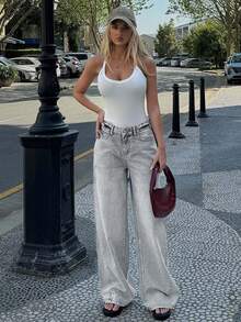 SHEIN Cottnline RueChic 100% Cotton Low Waist Wash Detailed Wide Leg Jean - Grey - View 6