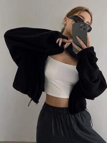 DAZY 女士立领下摆褶饰保暖内衬夹克，加厚冬季外套，秋季女装 - 黑色 - 查看 6