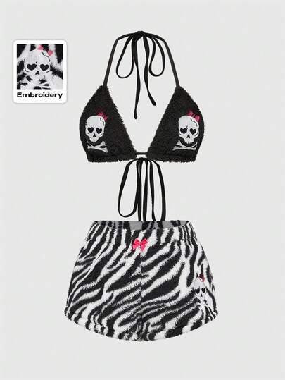 J-Fashion 2pcs Dark Halloween Skeleton Embroidery, Zebra Print, Bowknot Plush Women Set