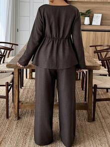 Weeklong 2pcs Set Square Neck Scalloped Hem Faux Linen Pants Suit