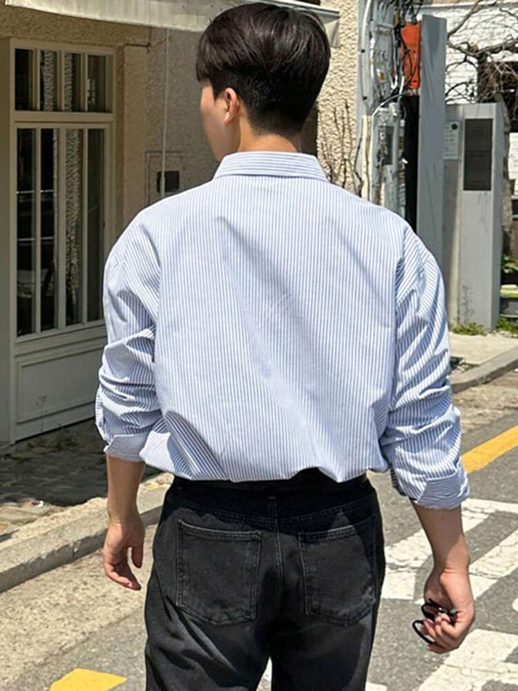 Men's Striped Casual Formal Shirt, Minimalist Fashion For Commuting & Daily Wear, Fall Long Sleeve Men Shirt Business Attire