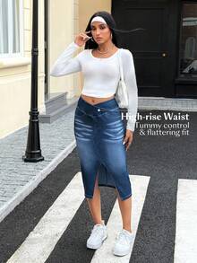 SHEIN Essnce Chân váy denim bó sát xẻ eo phối màu cho nữ - Màu xanh lam - Xem 6