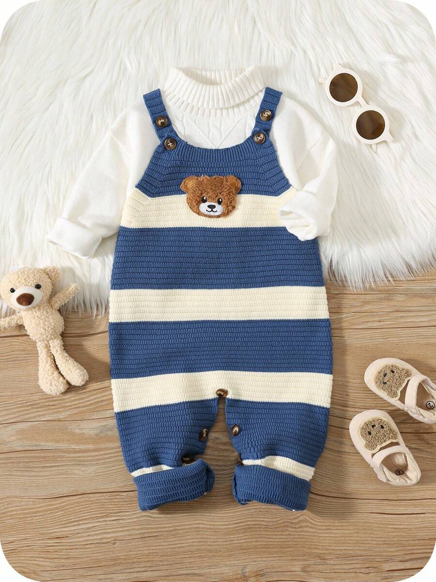 SHEIN Newborn Baby Unisex Cute Striped Cartoon Pattern Romper With Bib Overalls, Sweater, Autumn/Winter Baby Clothes Fall - Multicolor - View 1