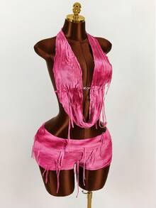 Amplova 深垂领露背短款上衣和破洞迷你短裤两件套 - 玫紅色 - 查看 8