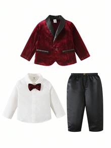 SHEIN 3pcs/Set Baby Boy Velvet Blazer Suit, Includes Red Blazer, White Shirt With Bow Tie , And Black Pants. Elegant Gentleman Outfit Suitable For Indoor, Outdoor, Daily Wear, Party, Photography, Wedding, Baby Shower, Christmas, New Year Autumn Winter Clothes - Red - View 4