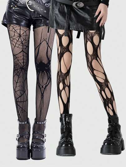 Goth 2 Pairs Spider & Bat Design Fishnet Pantyhose, Halloween