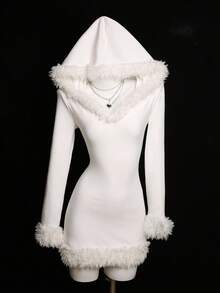 Elamini Furry Deep V-Neck Long Sleeve Hooded Dress, Suitable For Spring, Autumn And Winter - White - View 1