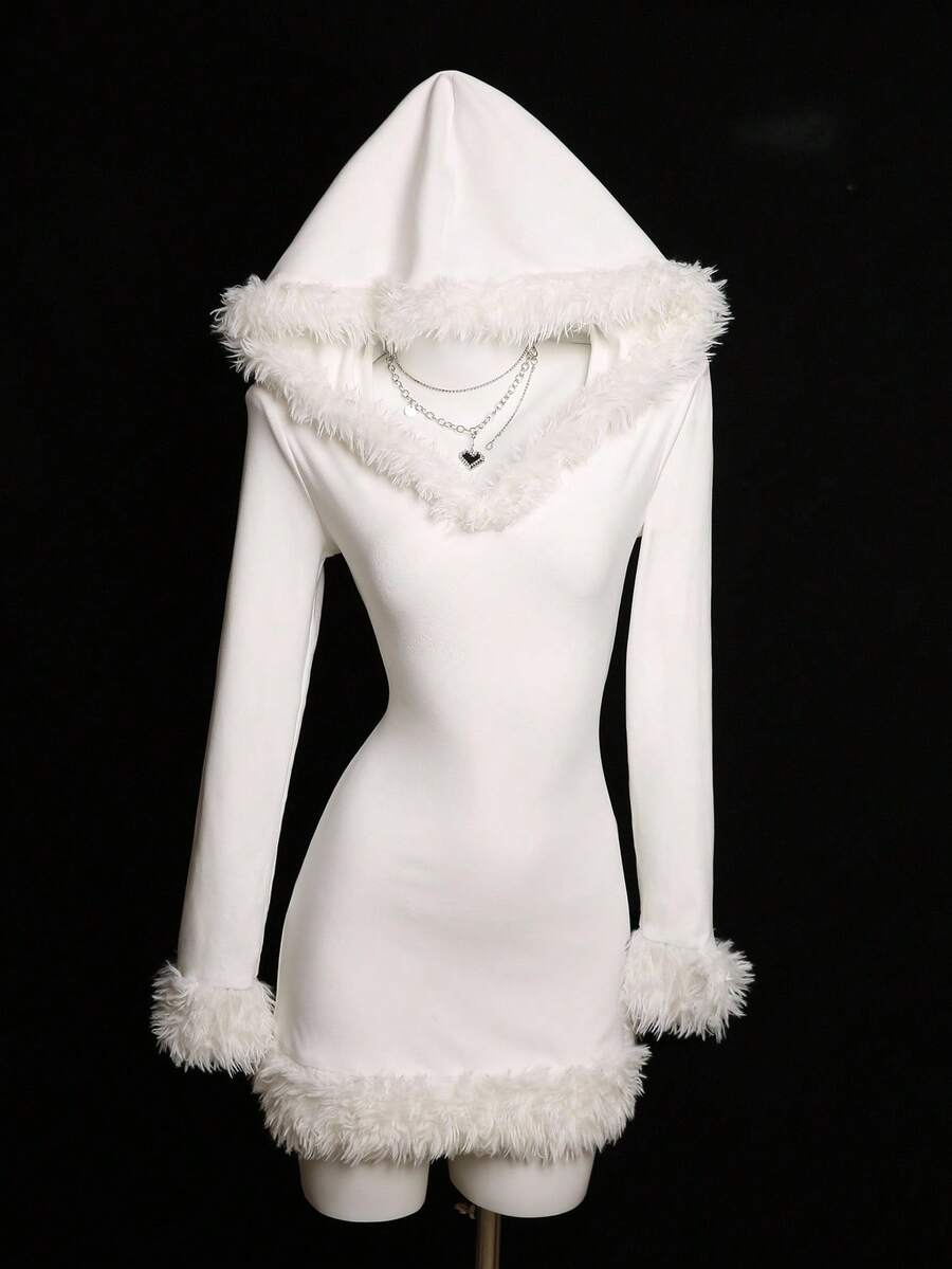 Elamini Furry Deep V-Neck Long Sleeve Hooded Dress, Suitable For Spring, Autumn And Winter - White - View 1