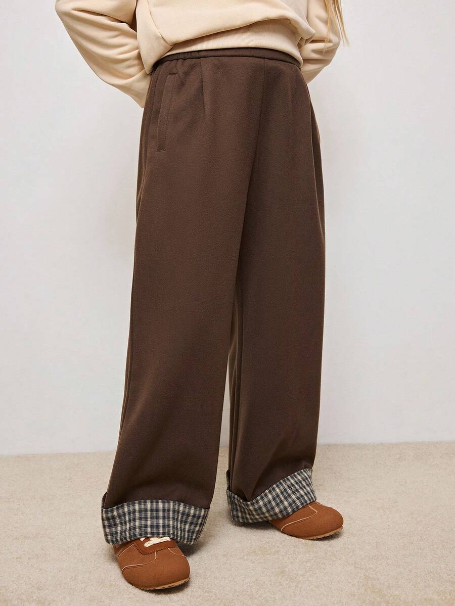 Tween Girls' Elastic Waist Patchwork Plaid Hem Wide Leg Casual Pants - Coffee Brown - View 1