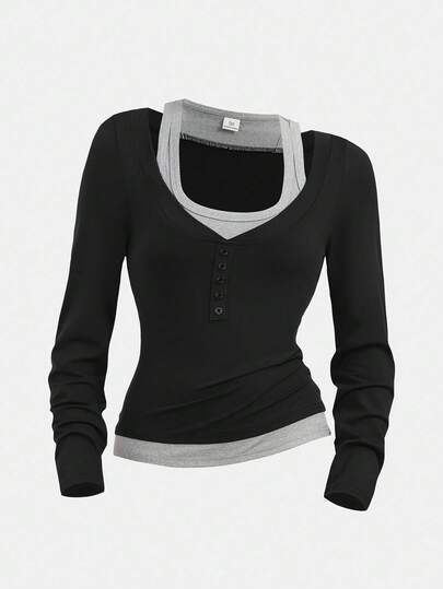 SHEIN Girlism 少女拼色拼接二合一设计T恤，修身休闲风格