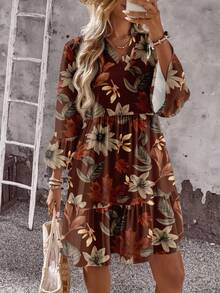 EMERY ROSE Casual Retro Floral & Maple Leaf Pattern Women Short Dress, Suitable For Spring, Early Autumn - Multicolor - View 6