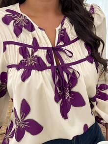 Weeklong Plus Size Women Floral Print Tie Front Lantern Sleeve Fashion Blouse - Multicolor - View 7