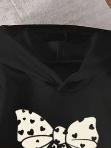 2 件/套女孩休闲时尚连帽运动衫和运动裤套装，饰有可爱的蝴蝶结和心形图案，长袖连帽套头衫和全心印花裤，舒适时尚，适合秋冬春季，适合休闲、学校、户外、礼物 - 彩色 - 查看 3