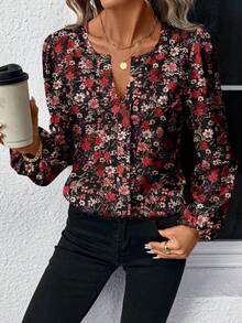 SHEIN LUNE Áo sơ mi nữ tay phồng cổ chữ V in hoa, kiểu dáng thường ngày, thích hợp cho mùa xuân và mùa thu. - Nhiều màu - Xem 4