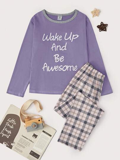 2件套青少年女孩格子裤和英文字母印花长袖休闲家居服套装