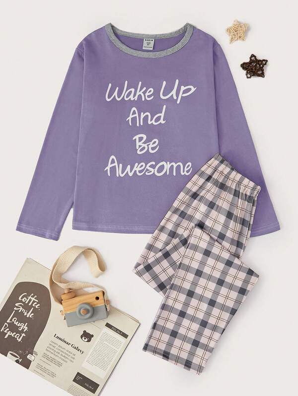 2件套青少年女孩格子裤和英文字母印花长袖休闲家居服套装