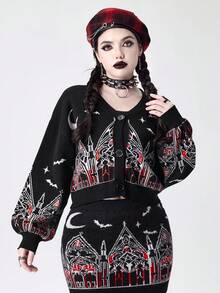 ROMWE Goth 哥特式城堡和教堂星月提花女式短款开衫 - 黑色 - 查看 8