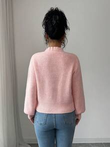 Elenzga Fashionable & Versatile Ruffled Collar 3D Bow Lantern Sleeve Knitted Pink Long Sleeve Sweater, Autumn/Winter - Pink - View 2