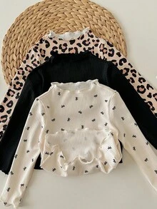 SHEIN 3 件 Babygirl 休闲百搭针织豹纹波点图案长袖上衣 - 彩色 - 查看 6