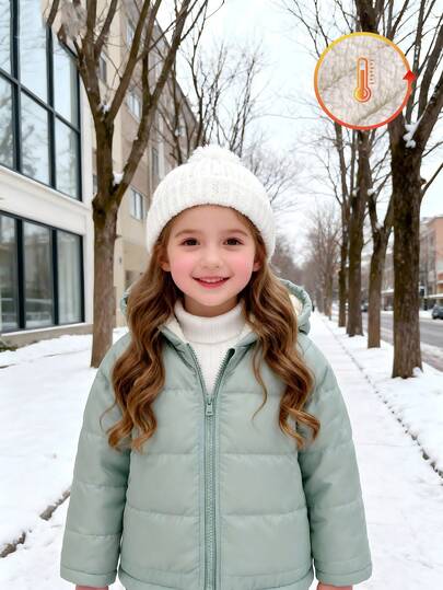 Elladie kids 1 件女童加厚保暖纯色插肩袖连帽常规夹克，前拉链开合，方便穿着，适合上学、家庭聚会、外出、日常穿着、秋冬