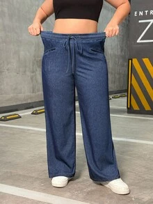 Flexra Celana Jeans Kasual Longgar Kaki Lebar dengan Tali Serut Pinggang untuk Wanita Ukuran Plus - Biru - View 5