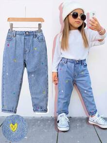 SHEIN 少女彩色心形刺绣宽松喇叭牛仔裤，蓝色 - 淺色水洗藍 - 查看 1