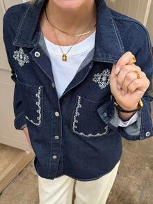 Vivie Lora 女式复古刺绣撞色牛仔衬衫 - 藍色 - 查看 6