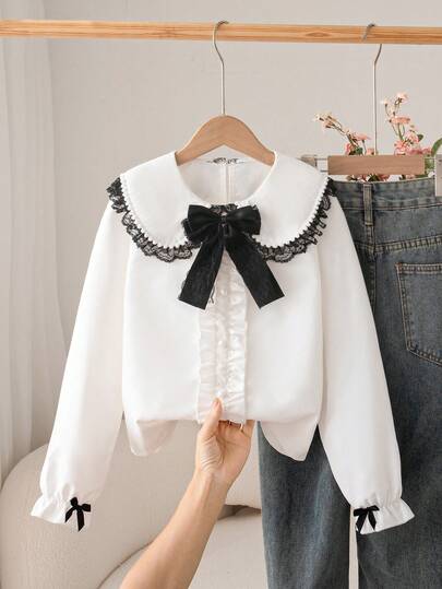 Genkimix Kids Tween Girl Bow Decor Peter Pan Collar Long Sleeve Cute Blouse
