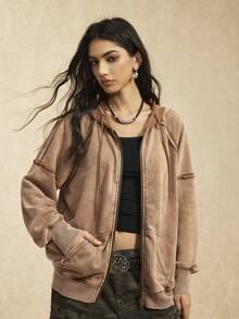 Easelle Brown Knit Casual Hooded Jacket For Women Western Retro Casual Style Washed Water Frayed Cut Winter Clothes For Women Autumn Zip Up Hoodie - Coffee Brown - View 4