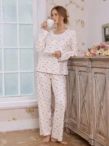 CottageSlumber Bộ đồ ngủ nữ 2 món họa tiết hoa 3D lưới nhún bèo nhún lãng mạn kiểu đồng quê, bộ đồ ngủ nữ, bộ đồ ngủ nữ 2 món, quần áo thu đông - Nhiều màu - Xem 3