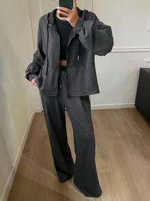 Livesso 女士秋冬时尚条纹宽松商务休闲连帽开衫和直筒裤两件套家居服套装 - 深灰色 - 查看 3