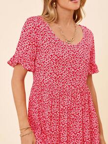 Coeurva Women's Ditsy Floral Round Neck Puff Sleeve Ruffle Hem Dress, Spring/Summer - Red - View 4