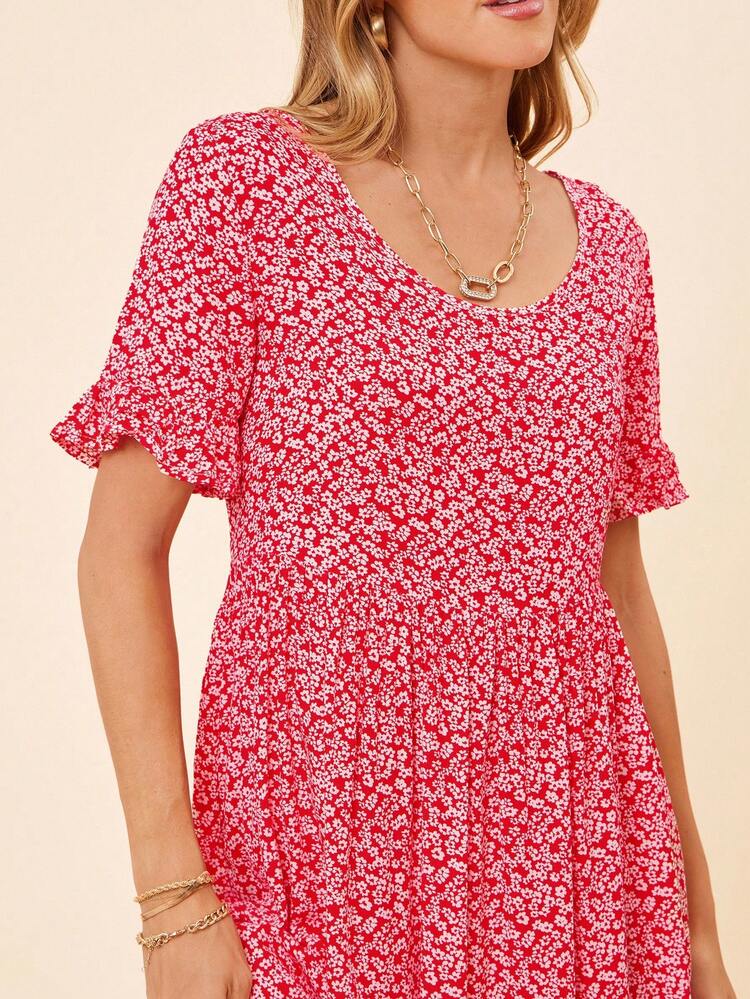 Coeurva Women's Ditsy Floral Round Neck Puff Sleeve Ruffle Hem Dress, Spring/Summer - Red - View 4