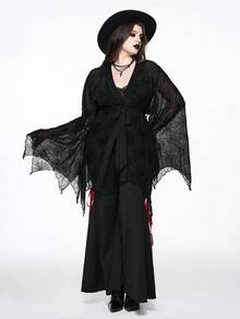 ROMWE Plus Size Women Gothic Party Bat Wing Spider Web Flocked Lace-Up Front Top, Halloween - Black - View 8