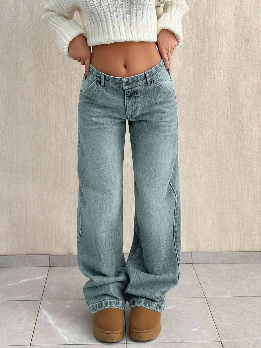 EURMUSE Quần jean ống đứng lưng thấp rộng rãi - Màu xanh nhạt - Xem 1