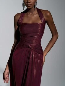 Elitara Elegant And Gorgeous Wine Red Fine Glitter Gold And Silver Thread Handmade Pleated Decoration Neck Suspenders Twisted Waist Decoration A-Line Belt Extra Long Piece Tail Suitable For Parties, Dates, Happy Holidays, Weddings, Formal Occasions Dinner Dress (Heavy Style) - Burgundy - View 5