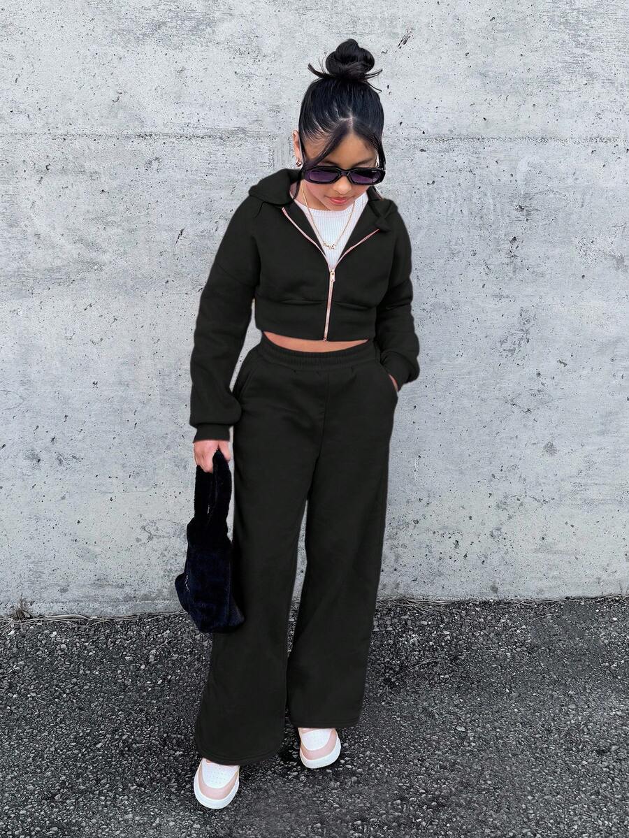 SHEIN Tween Girl Nova Glow Kids Fashion Comfortable Party & Street Solid Color Knit Hooded Sweatshirt Sweatshirt Loose Set Fall Winter