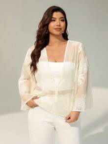 Auralis Plus Size Women Elegant Commuter Floral Embroidery Bell Sleeve Top